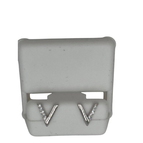 Sterling Silver "V" Shape Stud Earrings Sparkling Cubic Zirconia Accent 1/4" - Picture 2 of 3